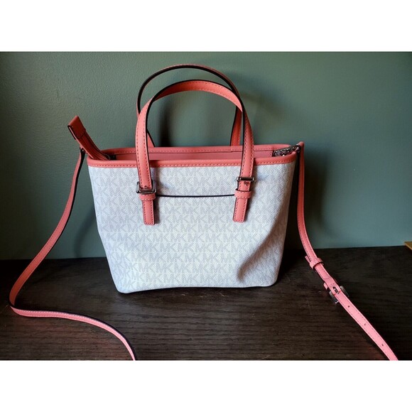 Michael Kors Jet Set Travel Extra-Small Logo Top-Zip Tote Bag Dark Pink Coral - Picture 2 of 12